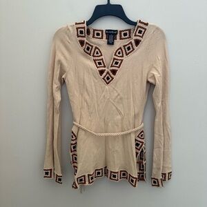 BEBE RARE Y2K Cream Flare Long Sleeve Crochet Knit Belted Top